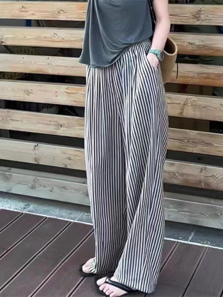 韓版時尚休閒直筒闊腿褲女2024夏季新款大碼顯瘦百搭薄款條紋褲子