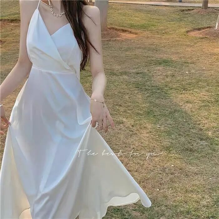 雙層有里布三亞沙灘裙女夏吊帶穿搭仙女旅遊拍照衣服