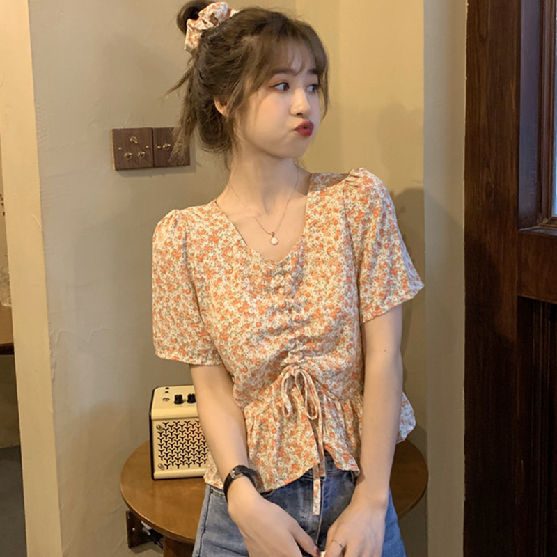 大碼胖MM百搭碎花短款上衣夏季薄款抽繩甜美短袖襯衫女