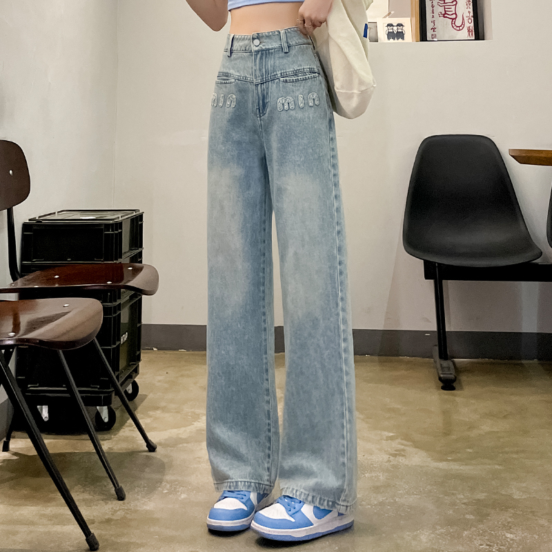 實拍夏季新款薄款牛仔褲女2024年設計感寬鬆顯瘦高腰闊腿直筒褲子