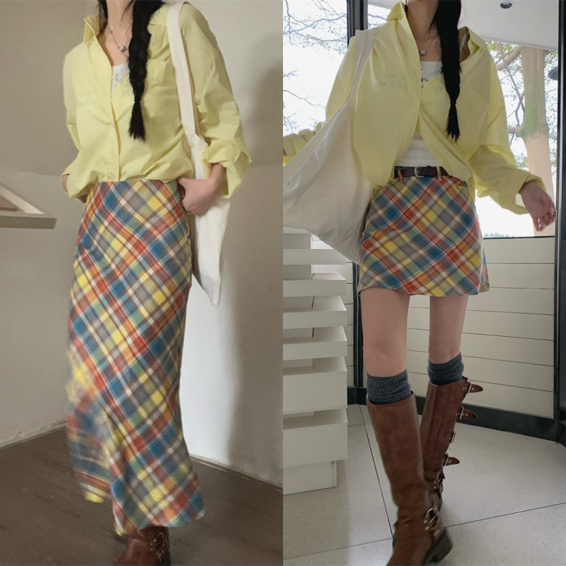 Real shot Korean dopamine colorful plaid long skirt fishtail skirt versatile slimming short skirt 2 specifications
