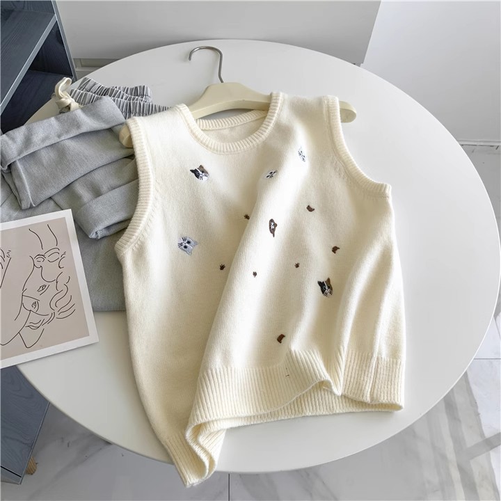 小貓刺繡學院風針織馬甲女灰色氣質秋季寬鬆百搭坎肩上衣背心女