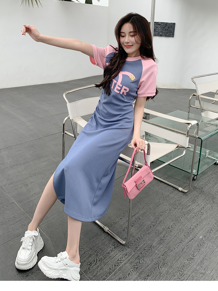 夏季新款休閒小香風連衣裙女修身顯瘦中長款過膝開叉t恤裙子