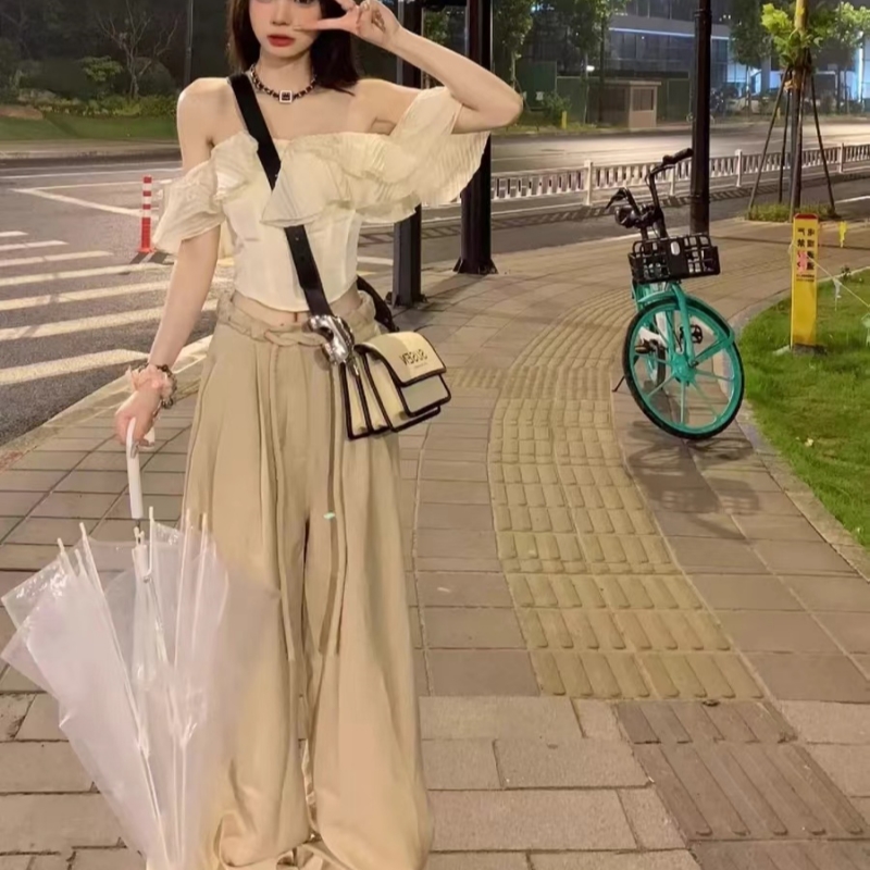 法式花邊短款收腰魚骨抹胸上衣女夏季辣妹氣質一字肩闊腿褲兩件套