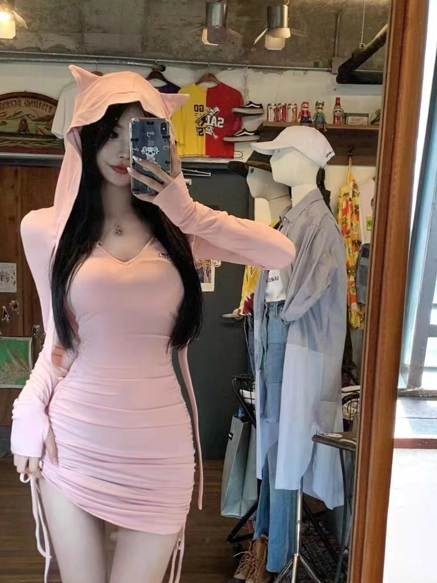 JMSHOP 辣妹終結者 廢土風連帽連衣裙女設計感抽褶純欲修身裙子