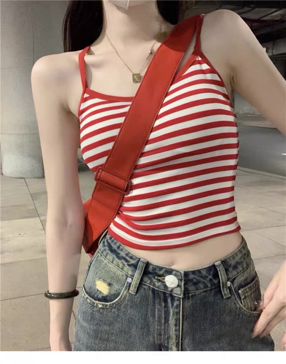 純欲條紋小吊帶背心女夏季新款內搭ins超火外穿短款紅色上衣