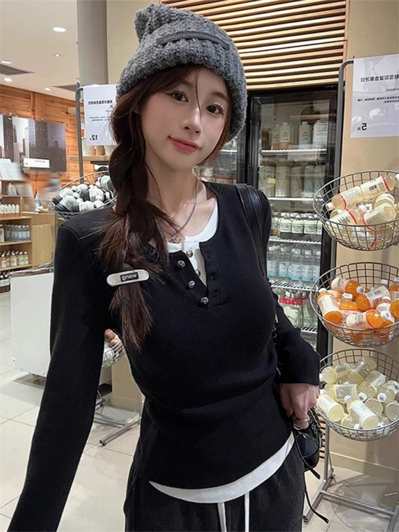 假兩件正肩修身設計感打底衫女春季減齡長袖t恤收腰內搭上衣