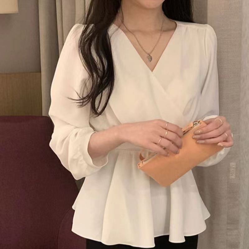 2024早春新款優雅V領超仙甜美氣質收腰系帶長袖襯衫上衣