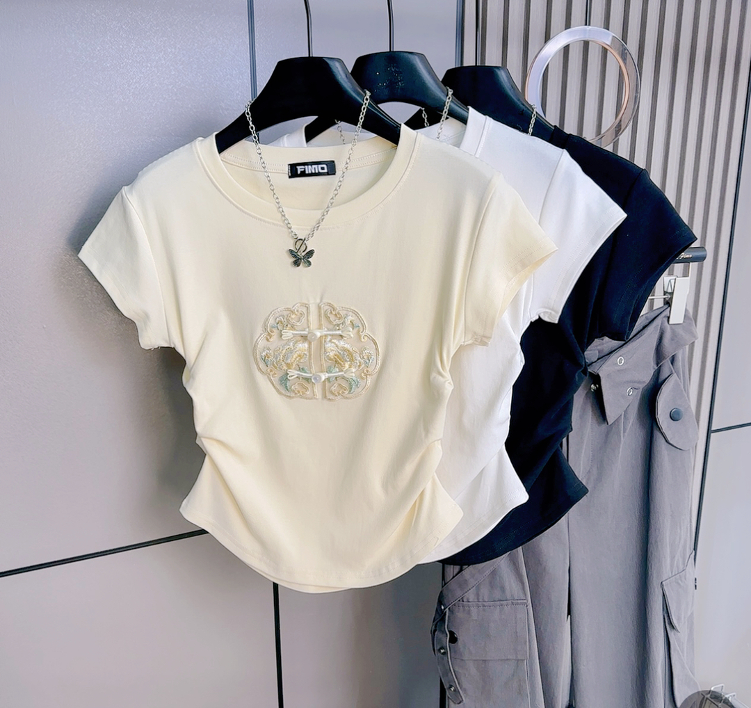 新中式刺繡短袖T恤女國風T恤早春2024年新款修身顯瘦時尚百搭上衣