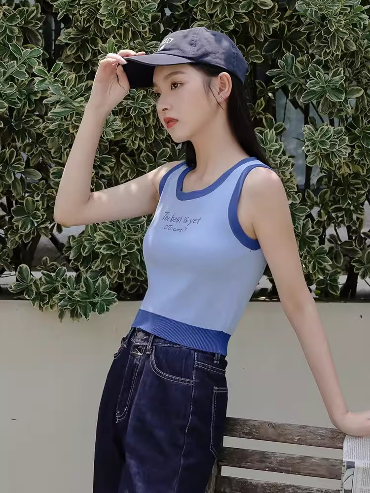 Hot girl contrast color embroidered knitted camisole women's summer outer wear slim fit inner sports short bm sleeveless top