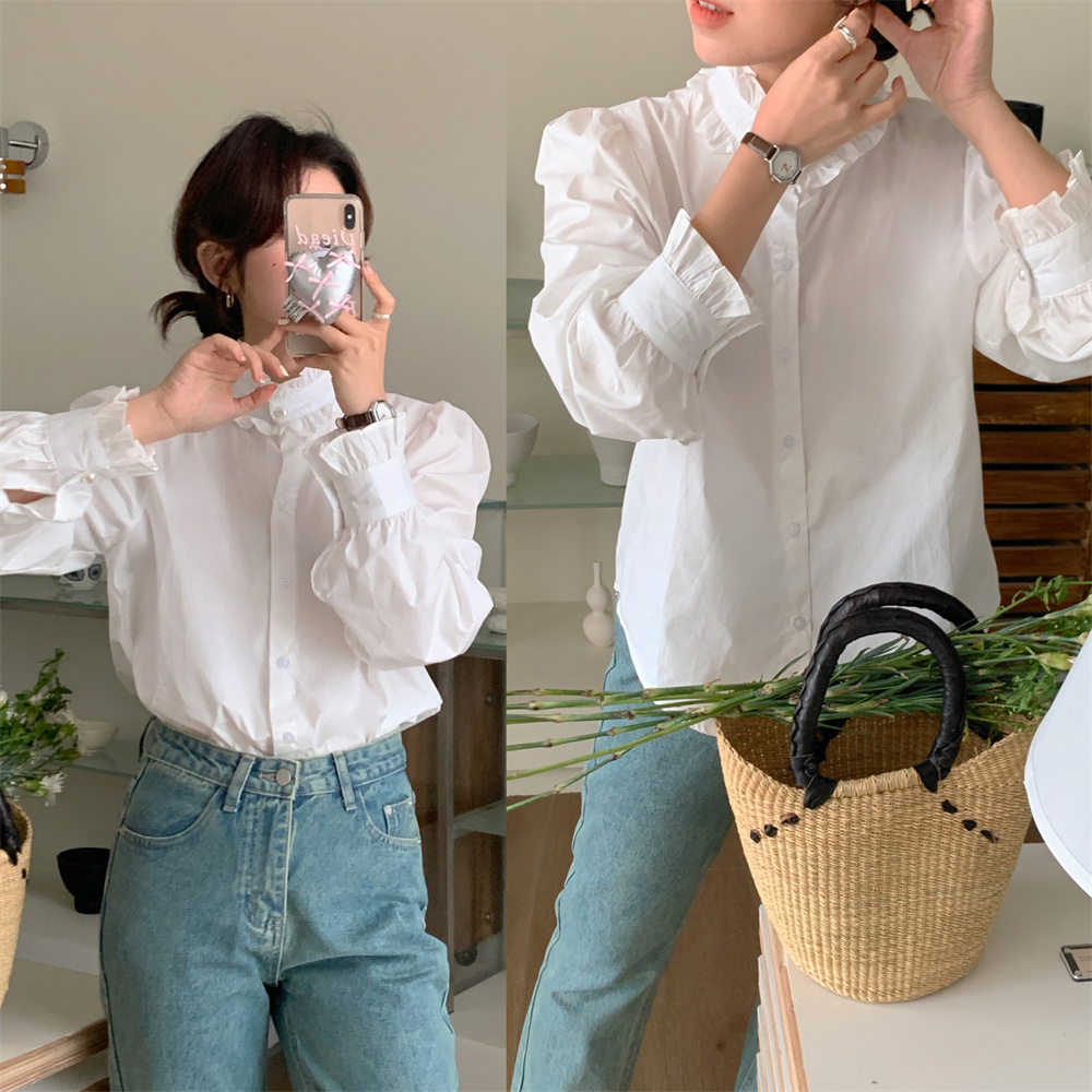 實拍 早春別致上衣女法式高級感宮廷風燈籠袖拼接蕾絲花邊襯衫