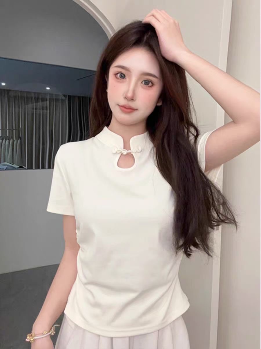 高級感新中式國風盤扣T恤女春季新款純色溫柔風修身顯瘦短袖上衣