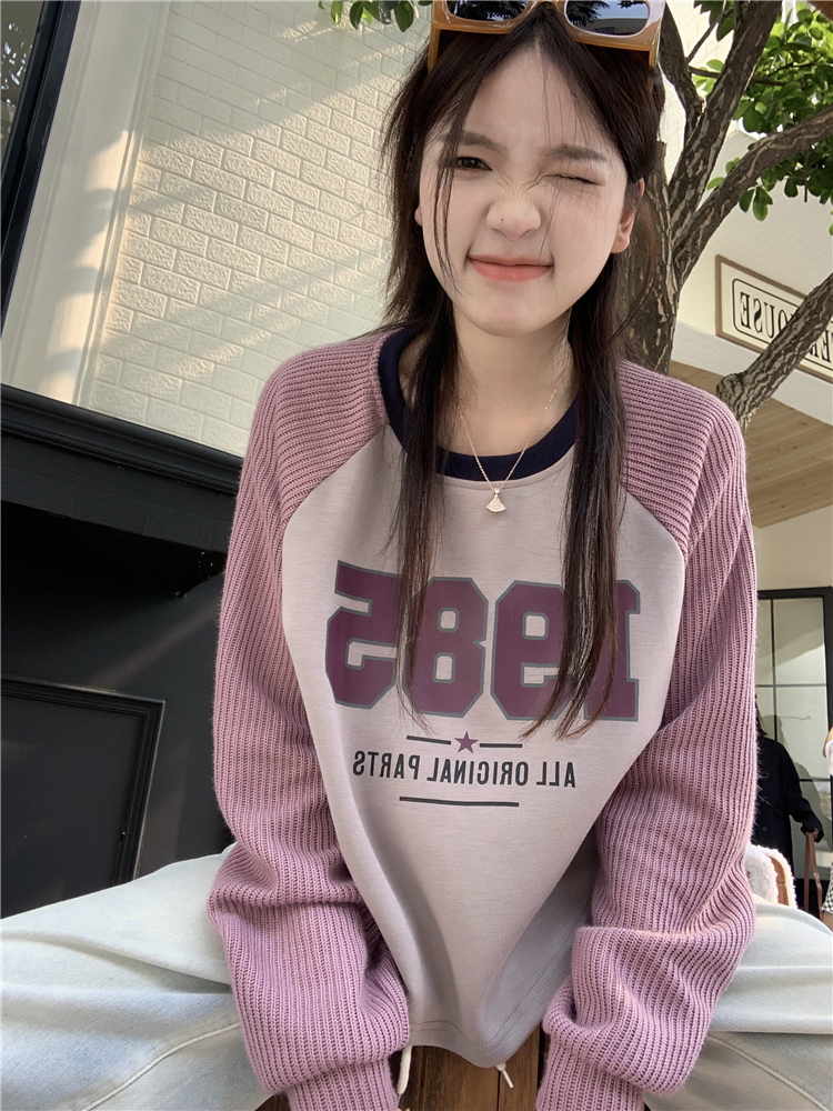實拍~大碼韓版寬鬆針織毛衣撞色拼接字母印花圓領套頭衛衣女