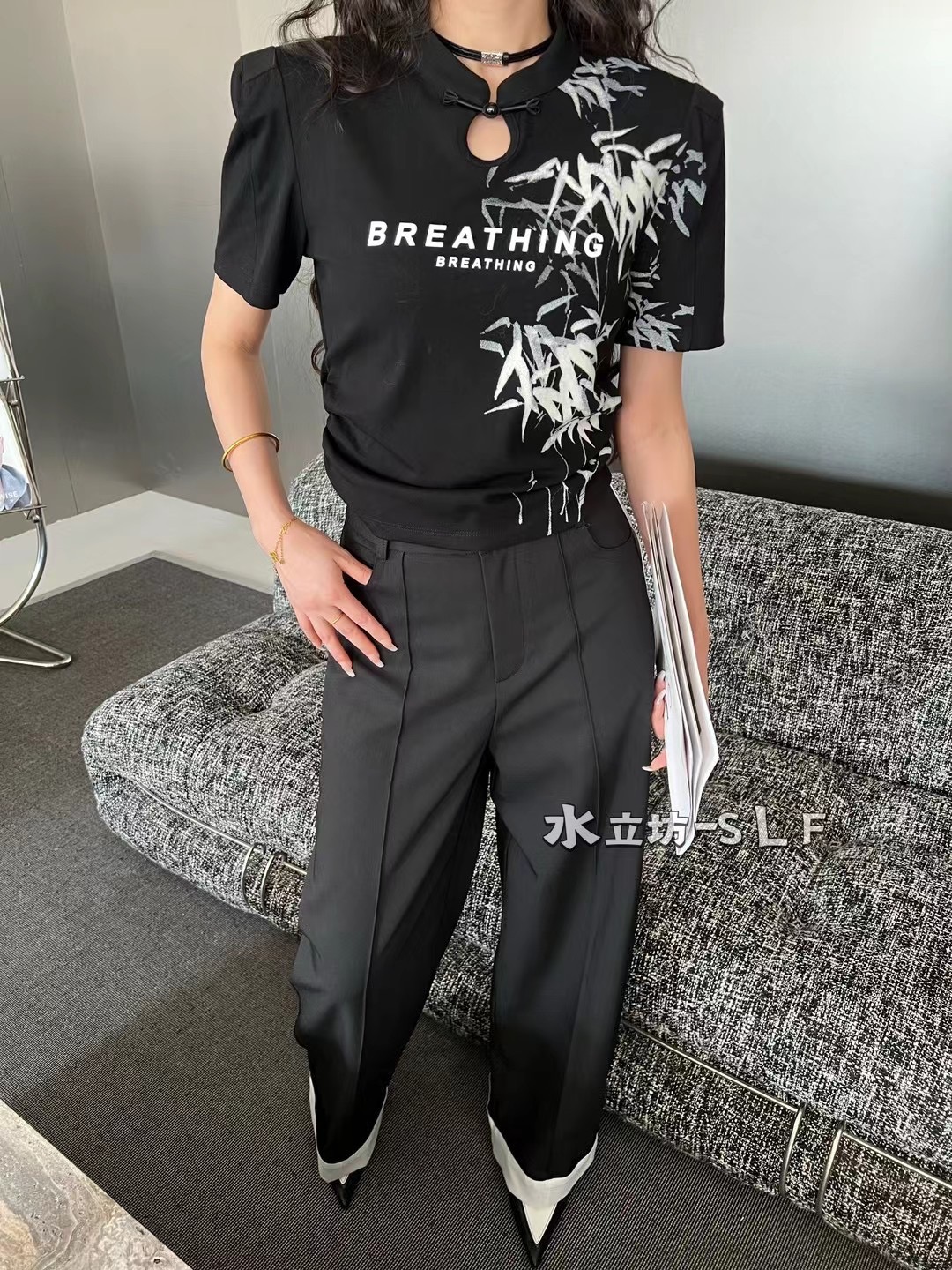 設計感新中式T恤短袖女國風夏季套頭竹葉印花修身洋氣百搭上衣薄