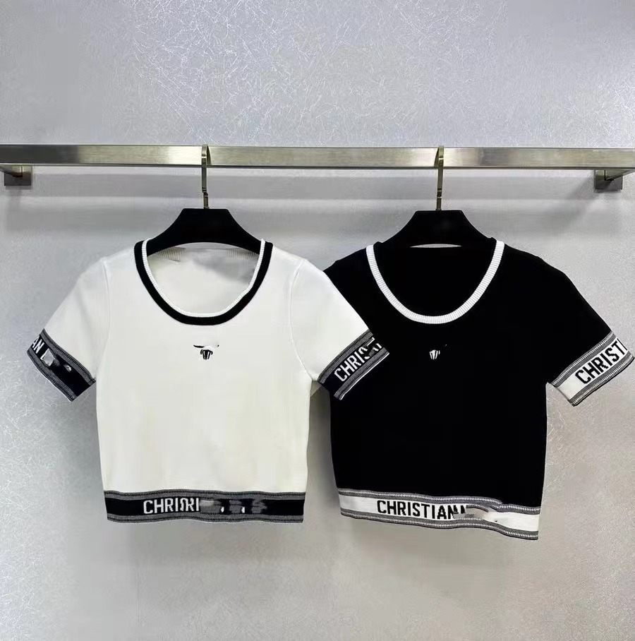 潮牌24早春新款刺繡字母針織短袖減齡少女氣質百搭修身顯瘦上衣女