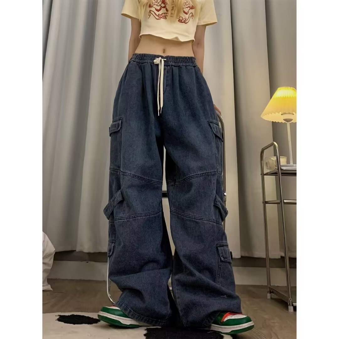 原版工藝質量國潮美式復古牛仔褲直筒寬鬆闊腿工裝藍色長褲