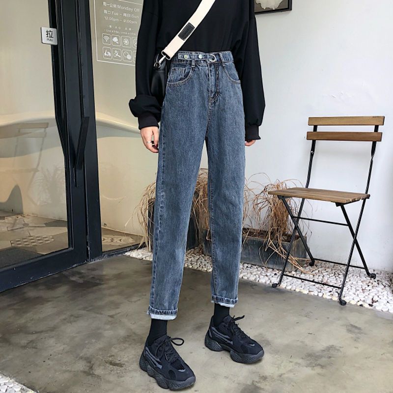 夏季韓版ins高腰寬鬆哈倫牛仔褲女學生百搭顯瘦直筒九分老爹褲潮
