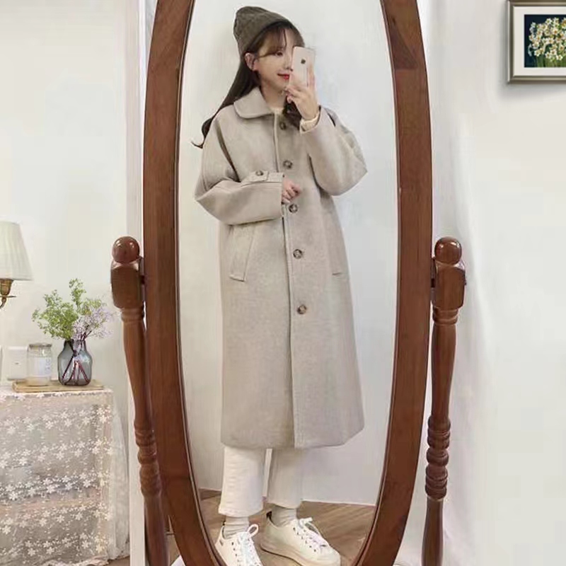 韓系毛呢外套女冬季加厚中長款2024新款赫本風黑色呢子大衣小個子