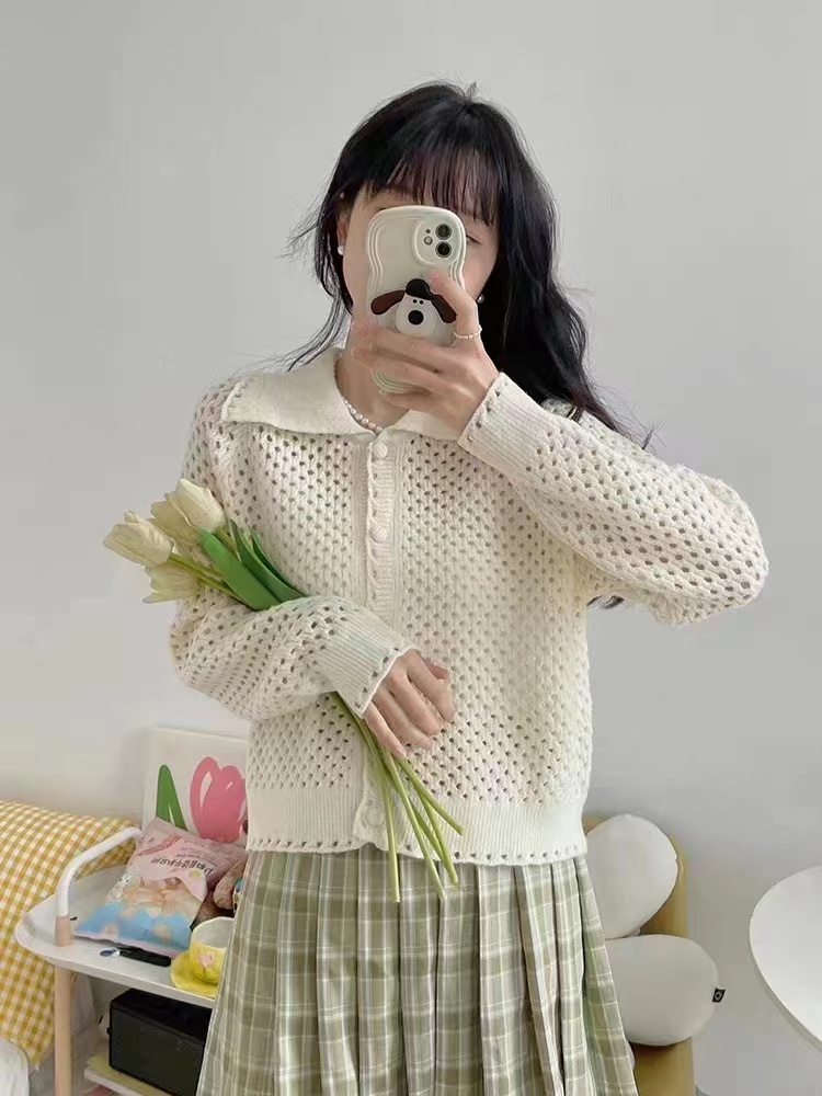 新款韓版慵懶娃娃領泡泡袖針織衫寬鬆上衣開衫毛衣女
