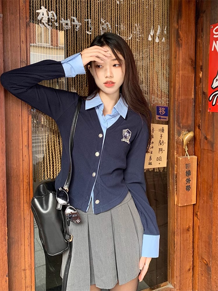 假兩件polo領襯衫女秋季2024新款學院風修身顯瘦短款疊穿開衫上衣