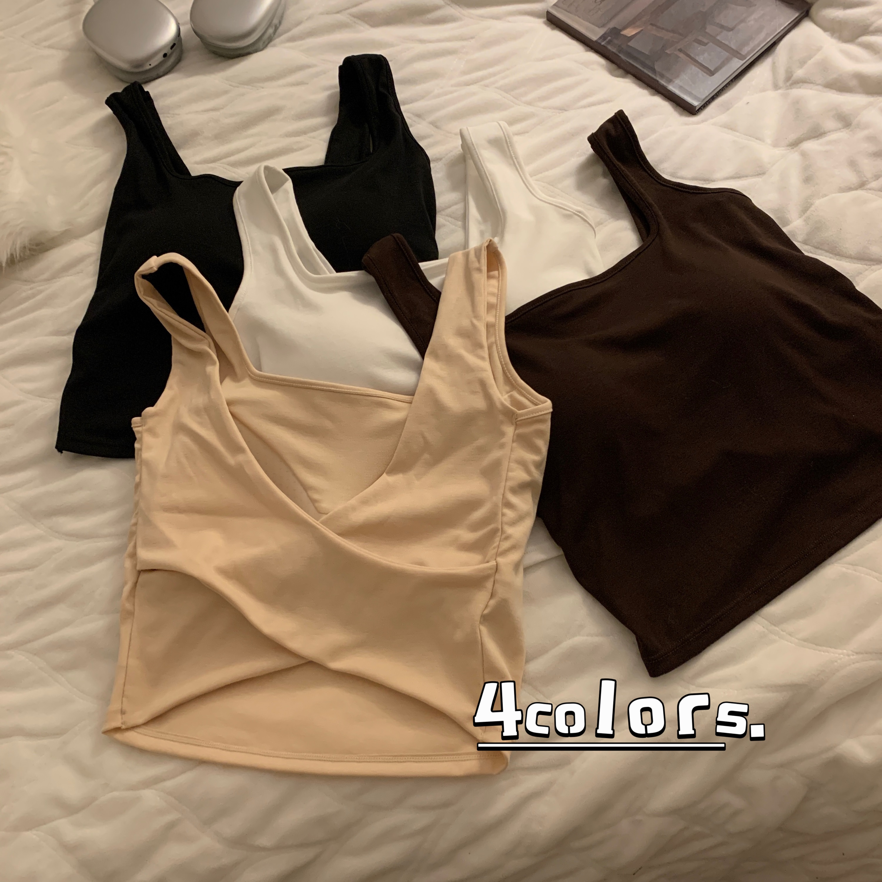 Actual shot of the new spring and summer cross-design sexy little camisole for hot girls to wear with breast pads and sexy back