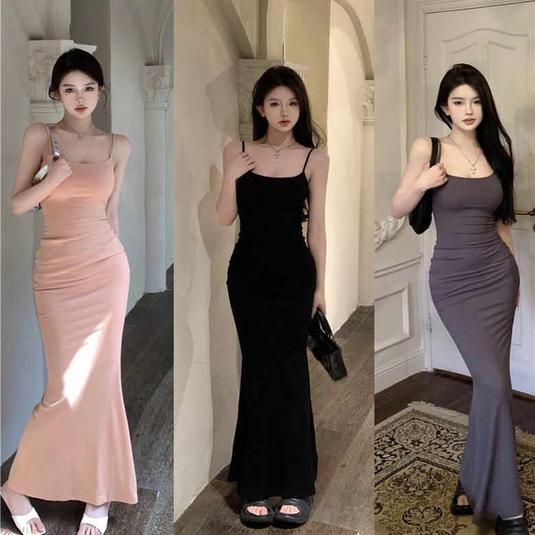 性感緊身吊帶連衣裙女夏季收腰修身內搭裙子小媽裙魚尾包臀中長裙