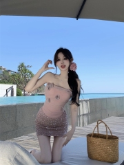 Shooted~Pure Desire Style Net Embroidery Design Women's Floral Bodycon Sheath Top with Glitter Bodice Skirt