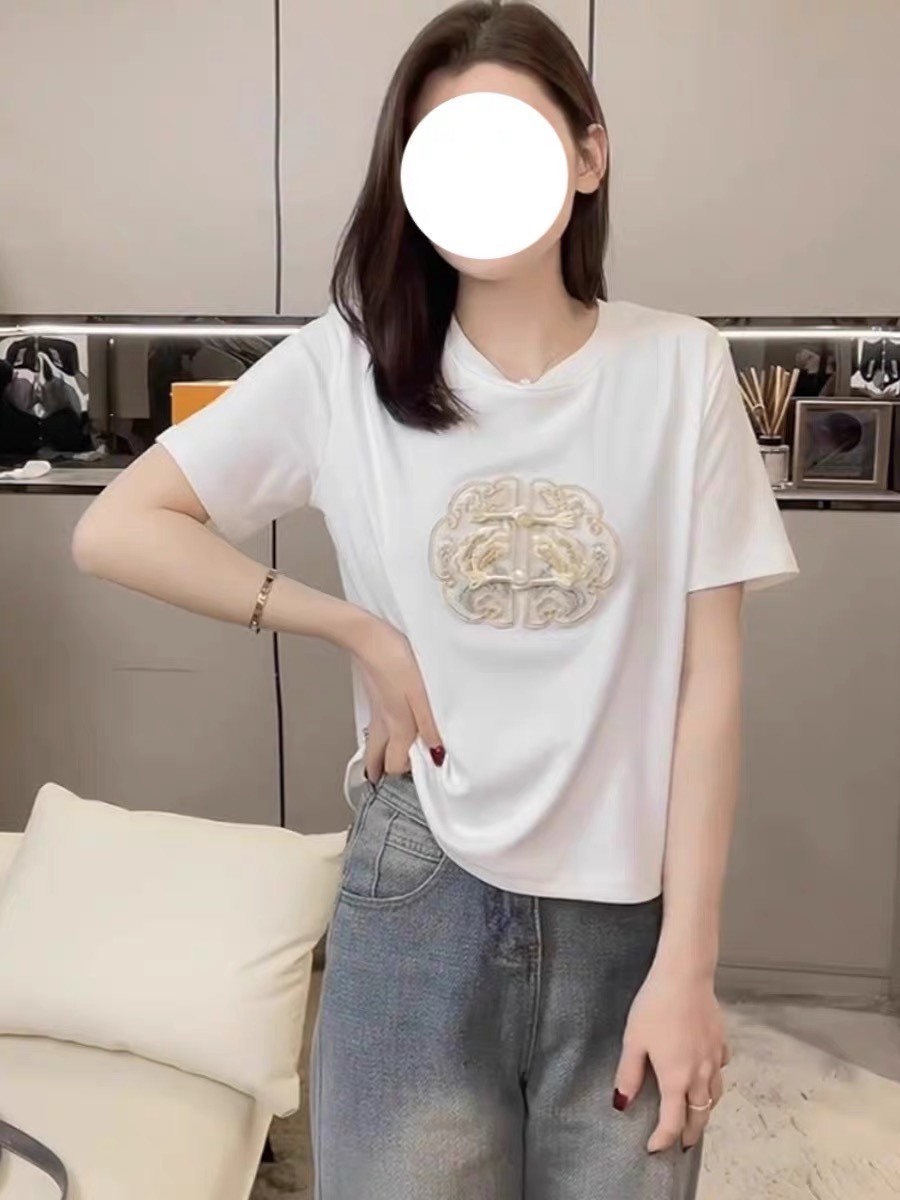 刺繡新中式短袖t恤2024年春夏新款胖mm顯瘦百搭正肩國風上衣