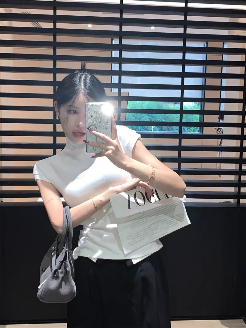 半高領顯瘦短袖T恤女2024新款辣妹背心上衣小眾原創設計女裝夏季