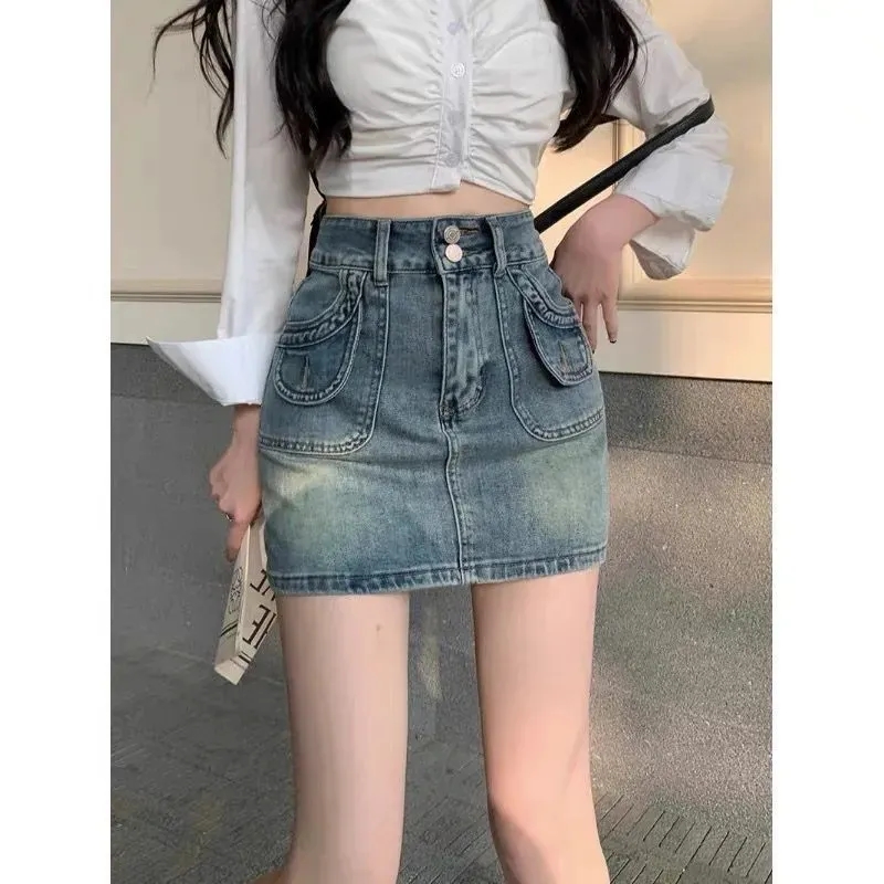 春秋新款高腰顯瘦辣妹設計百搭包臀裙牛仔短裙