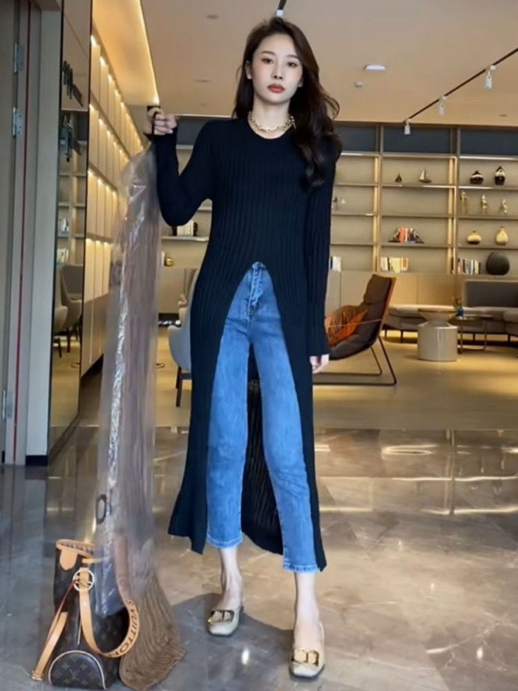 復古港味開叉中長款針織衫女秋季新款慵懶風圓領套頭百搭寬鬆毛衣