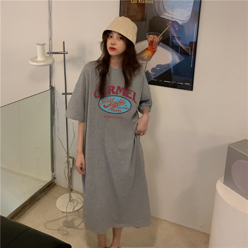 實拍6535精梳棉大碼中長款寬鬆韓版短袖連衣裙女