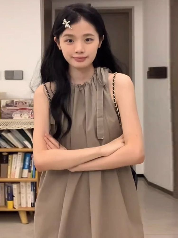 2024夏季新款純色背心裙設計感系帶簡約寬鬆無袖小個子連衣裙女潮