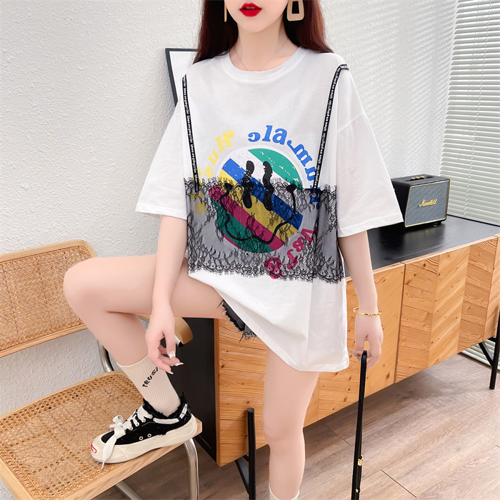 實拍 100%棉 設計感韓版時尚蕾絲拼接中長款短袖大碼t恤女