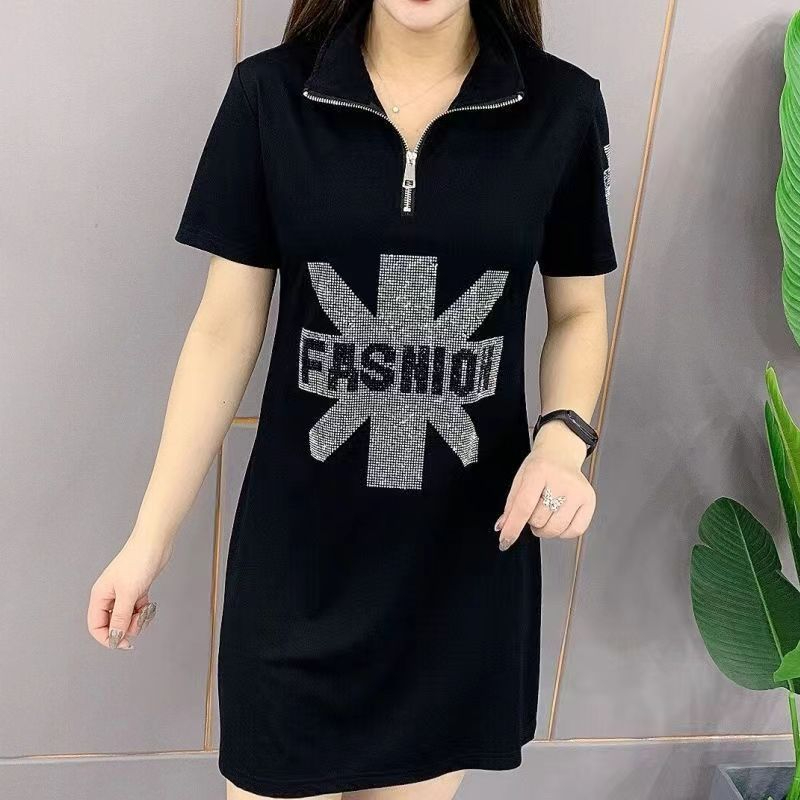 新款夏季時尚女裝百搭寬鬆連衣裙過膝POLO衫短袖翻領中長裙子女夏