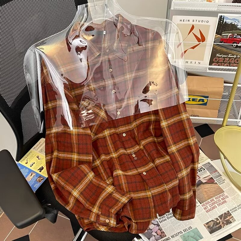 刺繡美式復古格子復古休閒寬鬆男女設計感vintage潮長袖襯衫