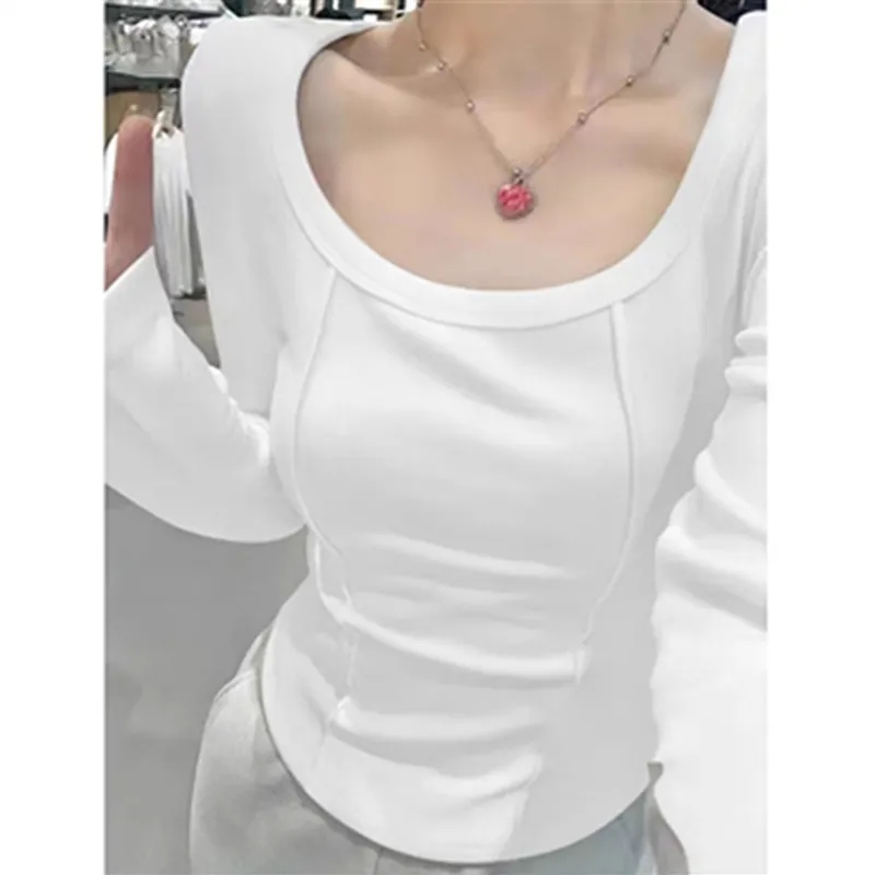純欲風魚骨顯胸白色內搭長袖T恤女潮秋冬季修身u領打底衫