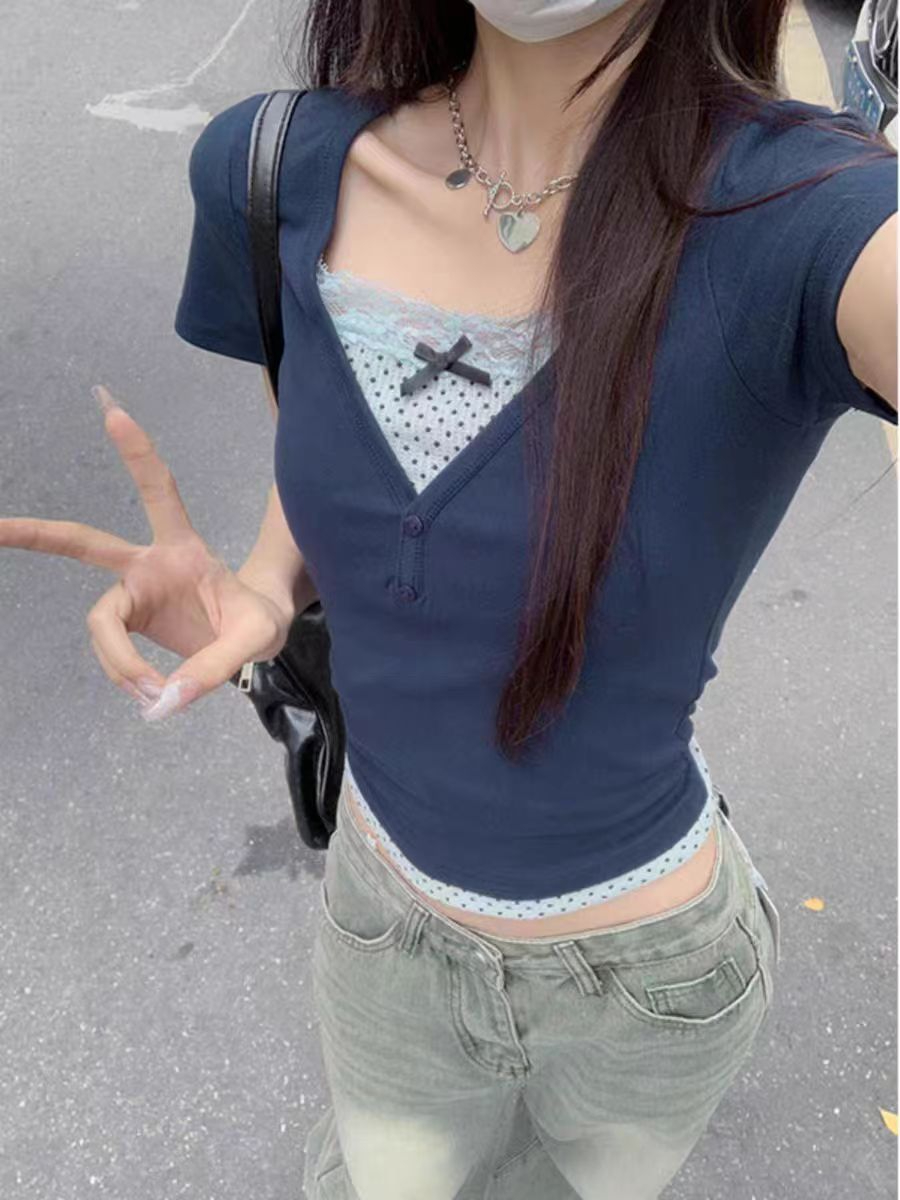 260隨心裁 辣妹新款蕾絲邊波點假兩件短袖夏季上衣