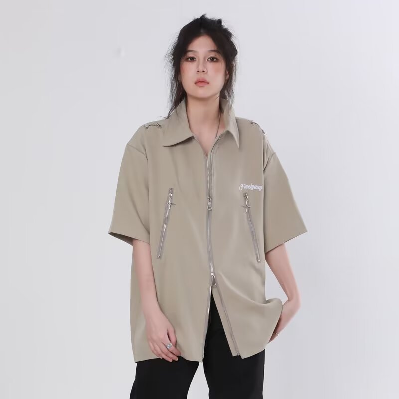 美式復古雙拉鏈短袖襯衫男女夏季潮牌寬鬆休閒百搭半袖襯衣外套潮