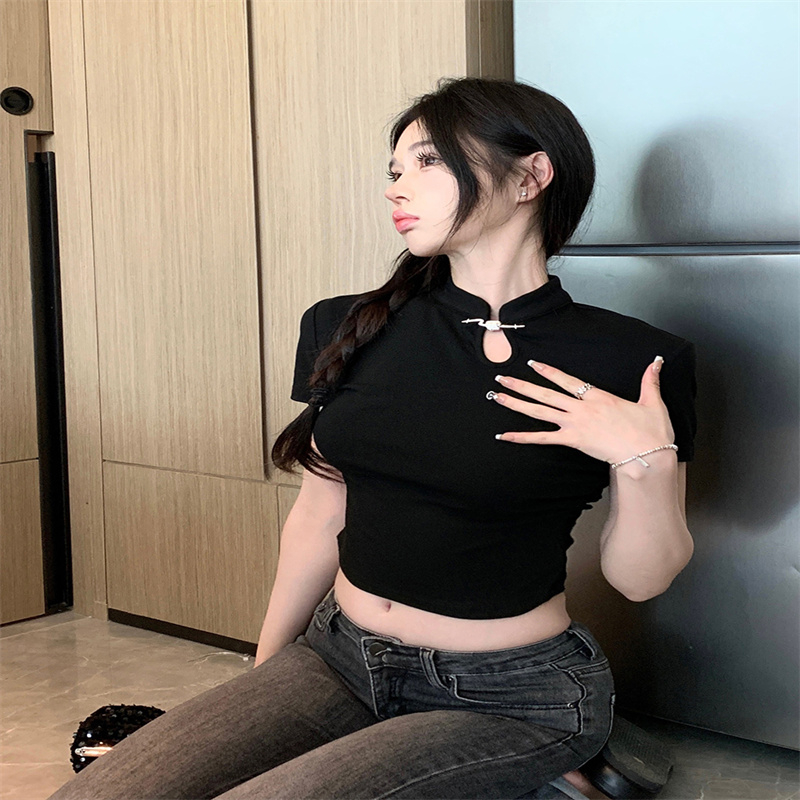 新中式國風改良旗袍短袖T恤女2024夏季新款法式復古短款修身上衣