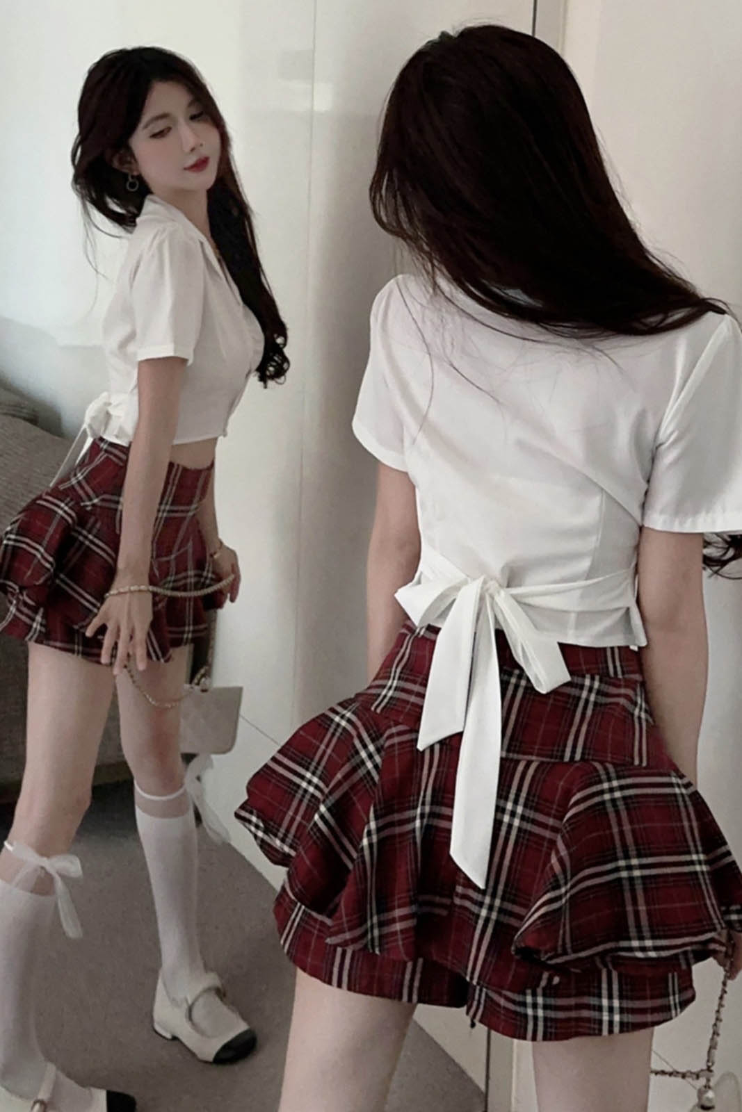 辣妹純欲jk女制服學院風ins系帶短袖上衣V領
