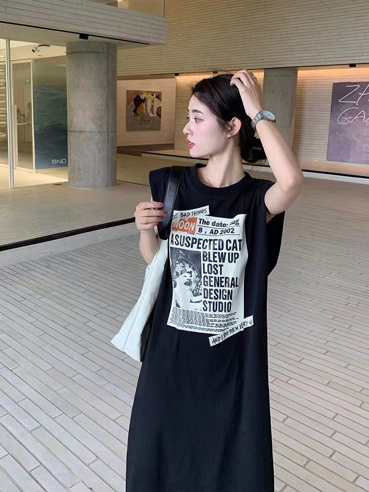 仿棉牛奶絲# 夏季新款無袖T恤長裙個性上衣女背心連衣裙子