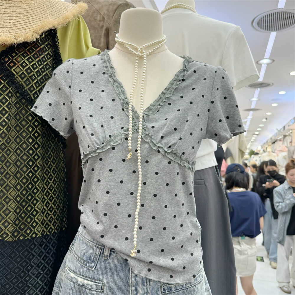 十三行夏季韓系復古花邊v領套頭短袖T恤衫百搭小個子修身上衣女