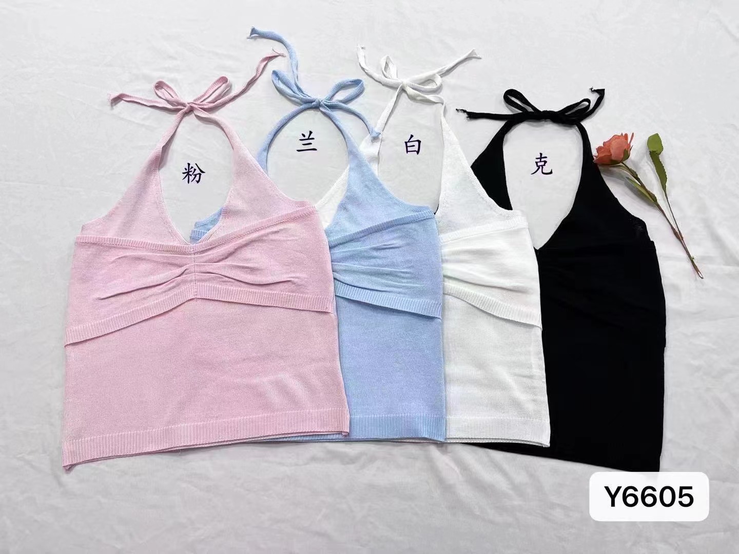 韓雨嘉冰麻紗線掛脖綁帶針織吊帶背心女夏純欲短款無袖v領上衣