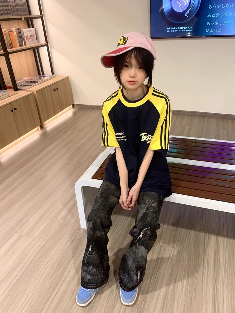 小紅書原版200克純棉精梳緊密插肩袖三條槓短袖T恤