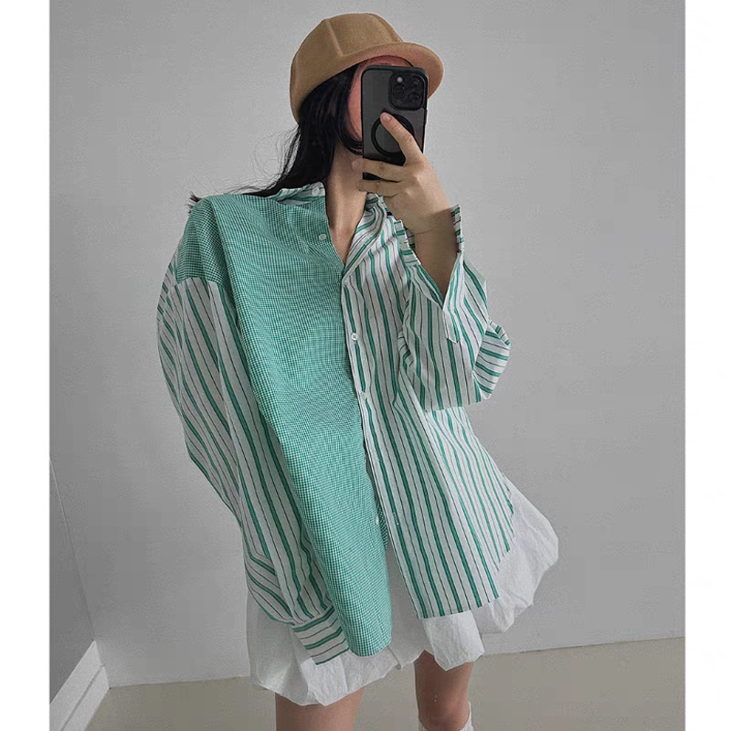 South Korea Dongdaemun 24 spring slim lapel casual long-sleeved single-breasted asymmetrical shirt