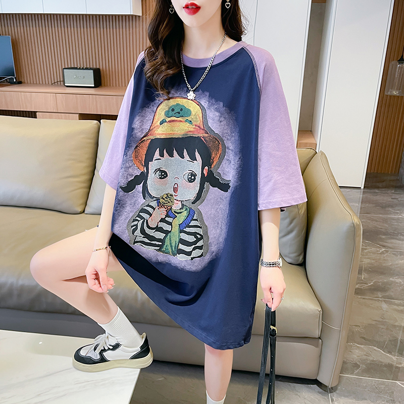 實拍原版 2024新款百搭撞色短袖T恤夏季印花大碼寬鬆上衣女潮