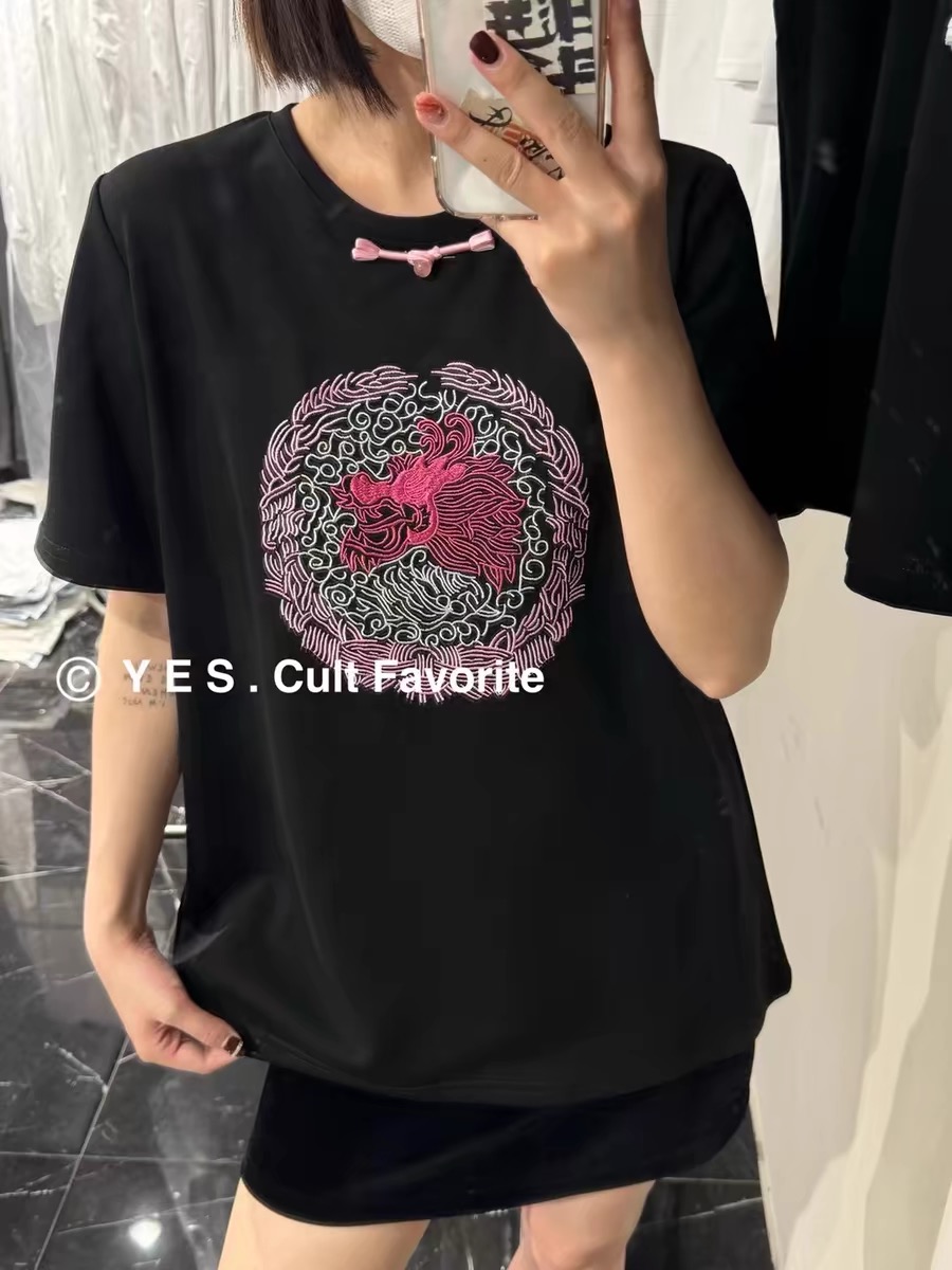 2024早春重工刺繡中國風通勤百搭純棉短袖T恤女圓領寬鬆內搭上衣