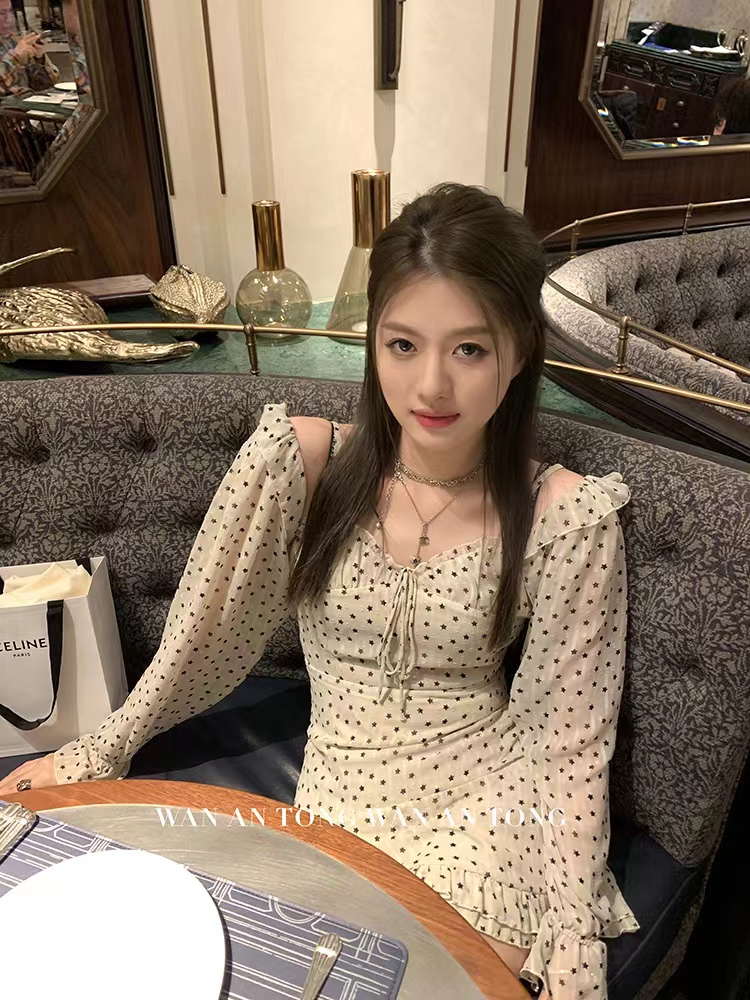 WANANTONG 巴黎清冷女孩 兩穿純純dating連衣裙春季性感露肩裙子