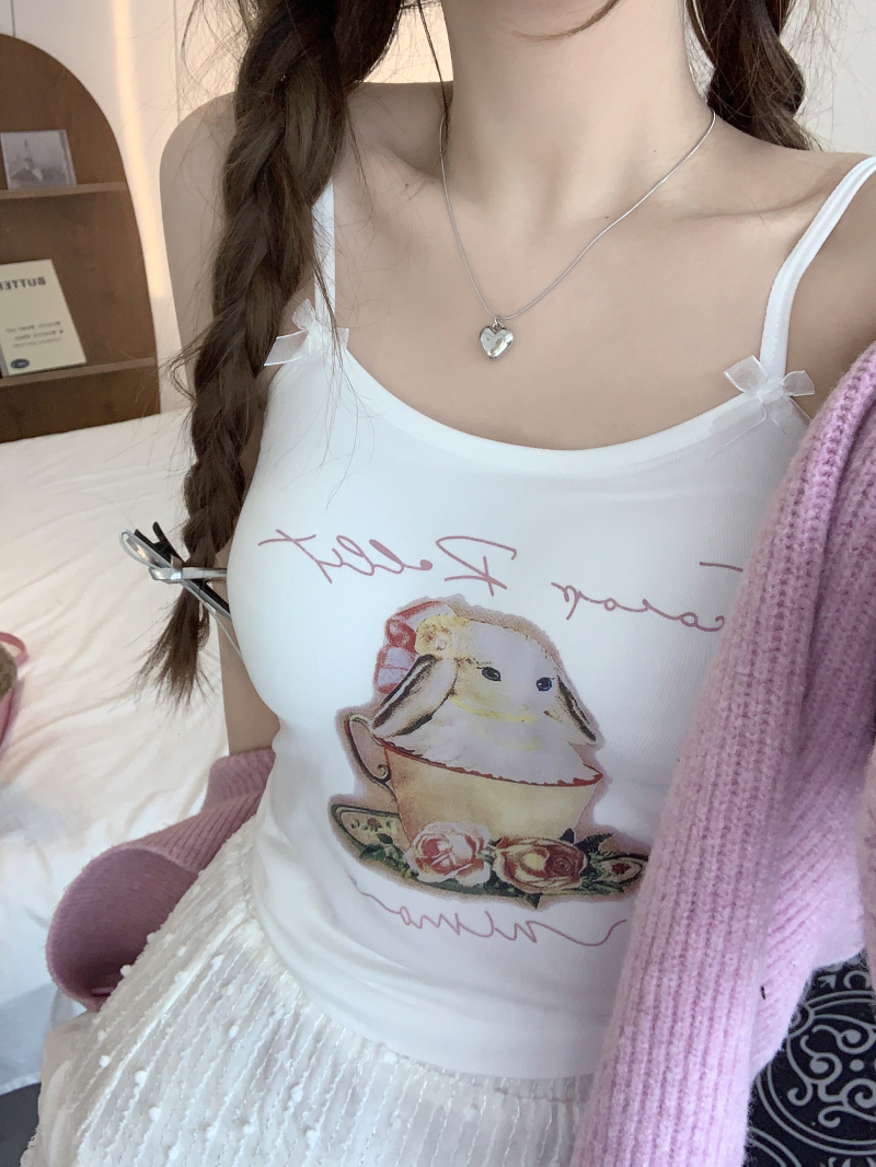 實拍 印花蝴蝶結美背無袖卡通無鋼圈吊帶背心女打底外穿上衣
